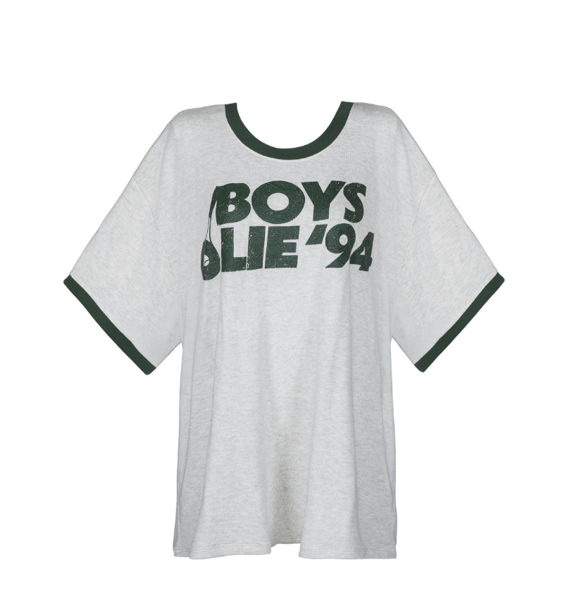 A light gray ringer t-shirt with dark green trim on the collar and sleeve cuffs, featuring a bold dark green graphic print on the front that reads &