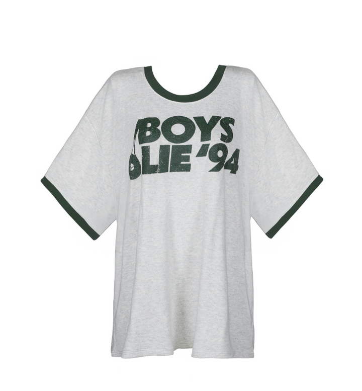 A light gray ringer t-shirt with dark green trim on the collar and sleeve cuffs, featuring a bold dark green graphic print on the front that reads &