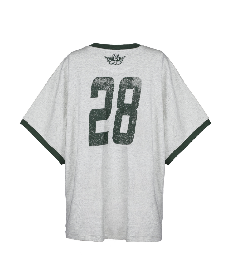 A light gray heather short-sleeve t-shirt with dark green trim on the collar and sleeve cuffs, featuring a large distressed dark green number 28 on the back and a small winged emblem printed below the neckline.