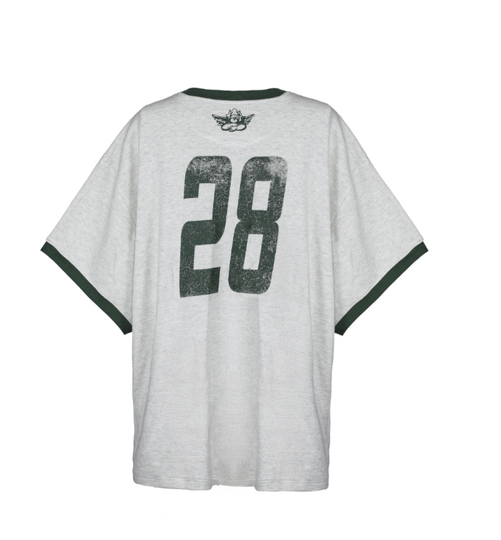 A light gray heather short-sleeve t-shirt with dark green trim on the collar and sleeve cuffs, featuring a large distressed dark green number 28 on the back and a small winged emblem printed below the neckline.