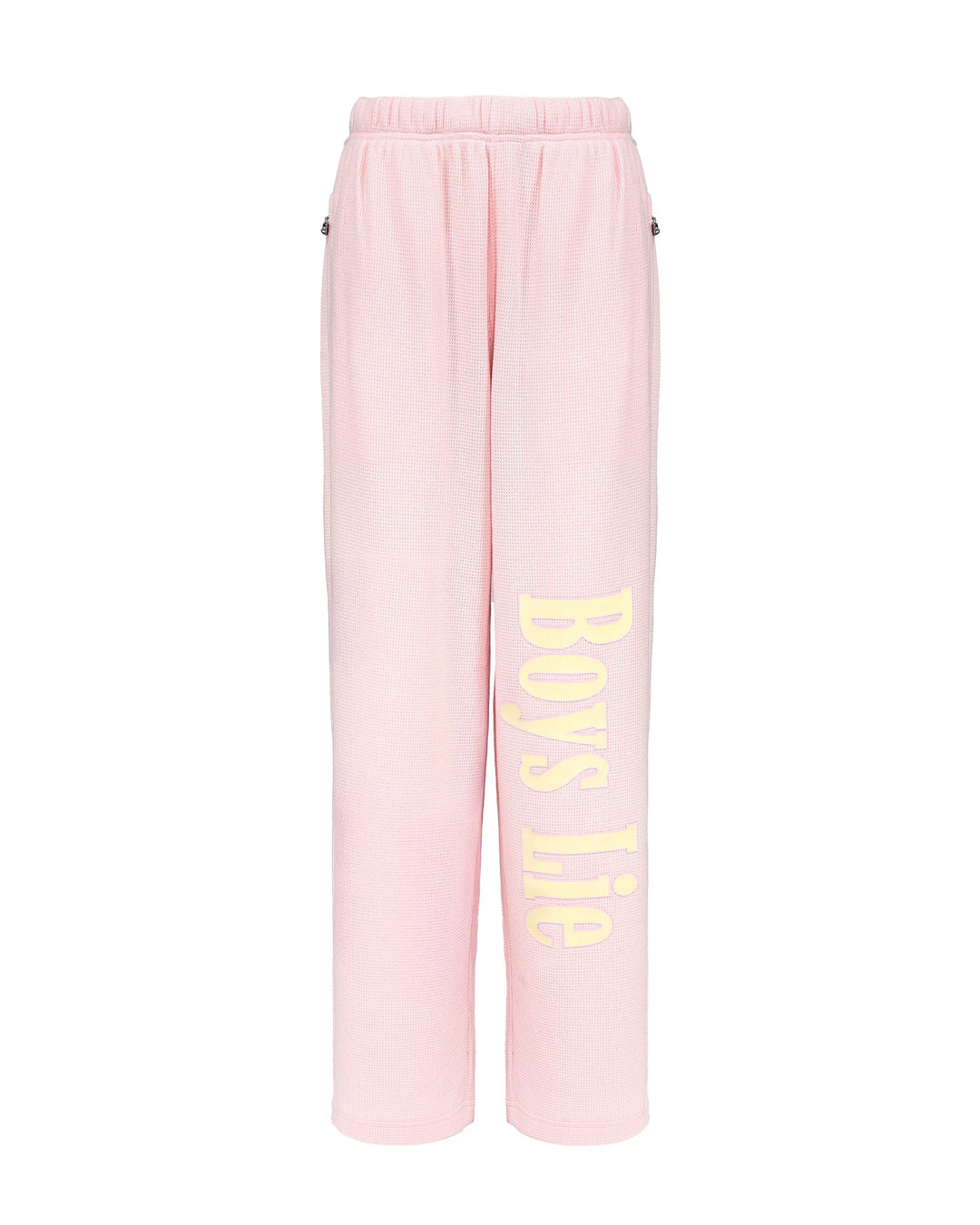 Pink sweatpants with 'Boys Lie' text on a white background