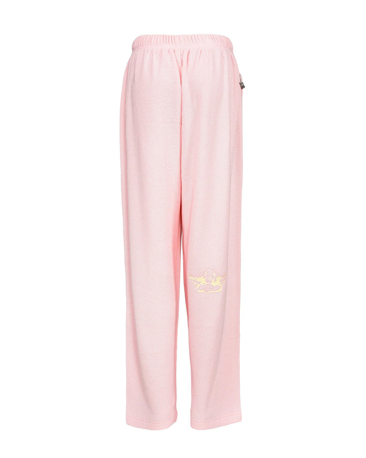 Pink pants with a logo on a white background