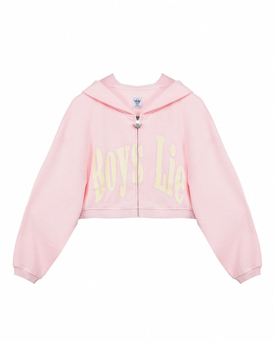 Pink hoodie with yellow text on a white background