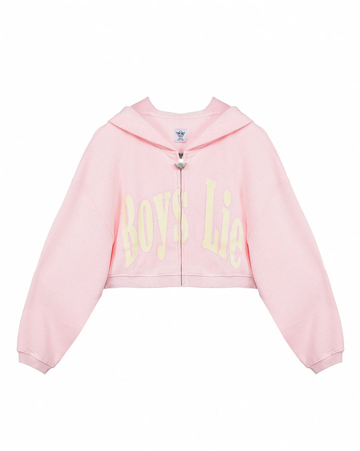 Pink hoodie with yellow text on a white background