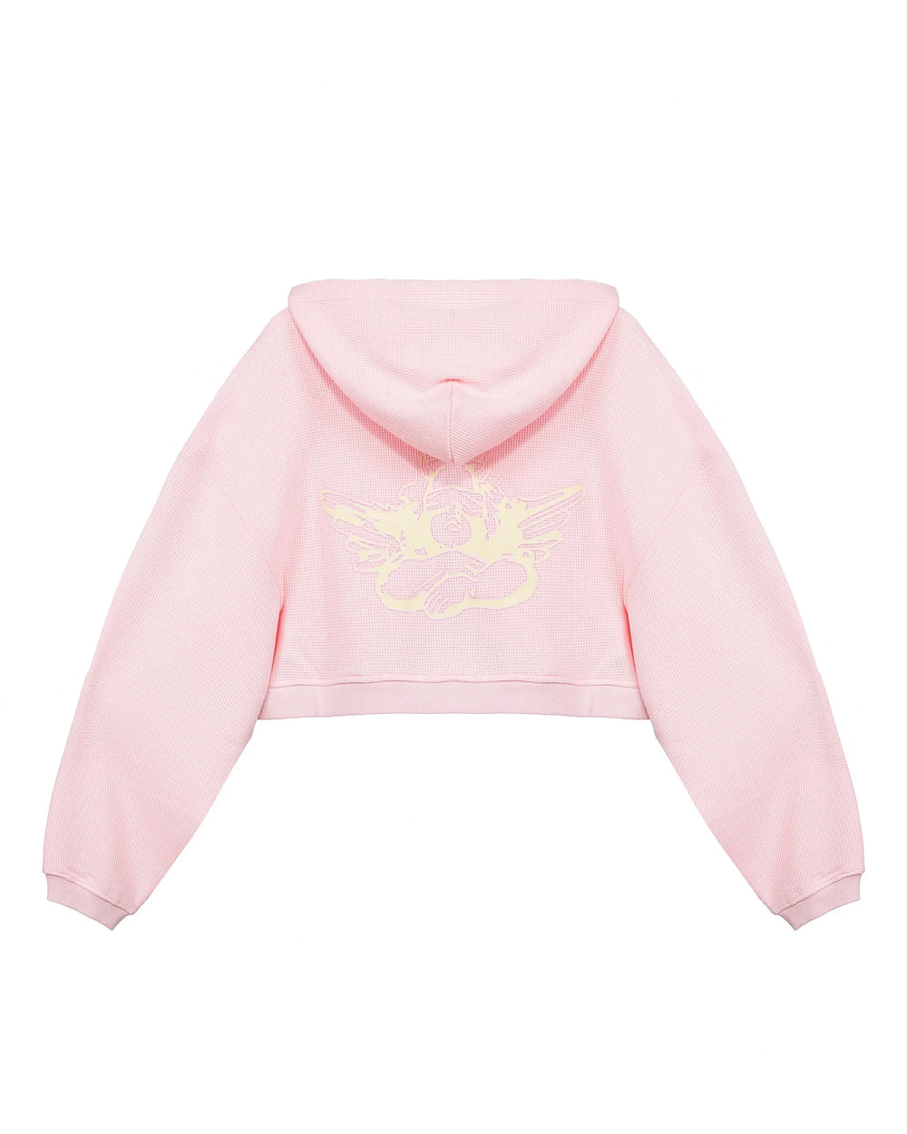 Pink hoodie with a logo on the back against a white background