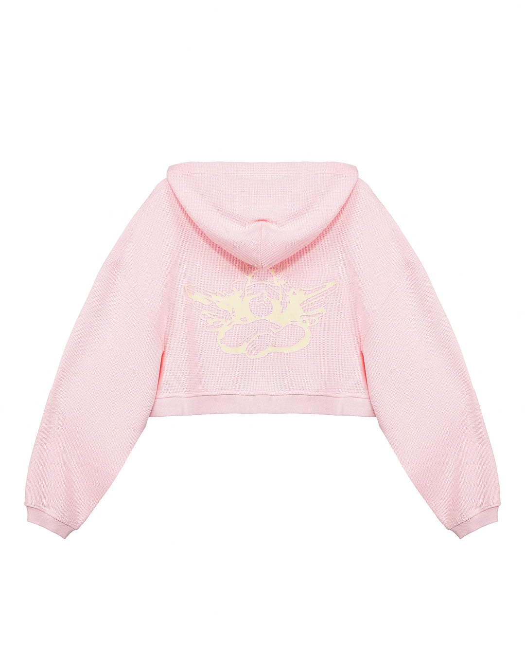 Pink hoodie with a logo on the back against a white background