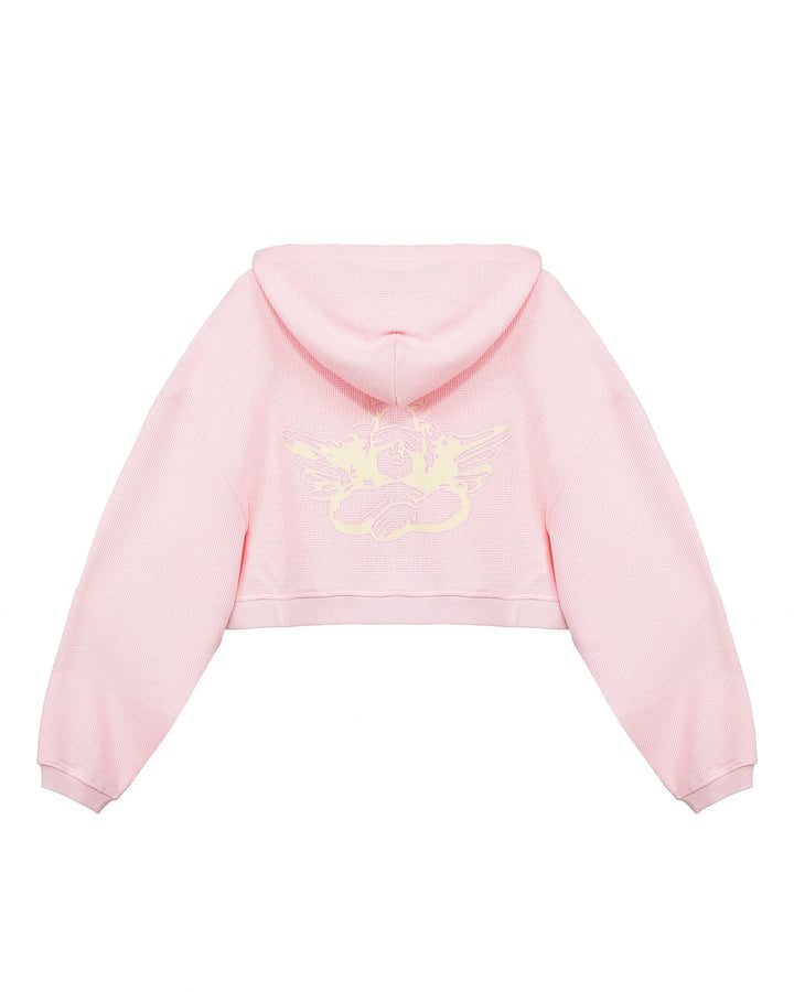 Pink hoodie with a logo on the back against a white background