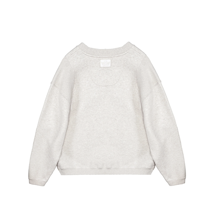 A light gray heather crewneck sweatshirt shown from the back, laid flat against a solid white background.