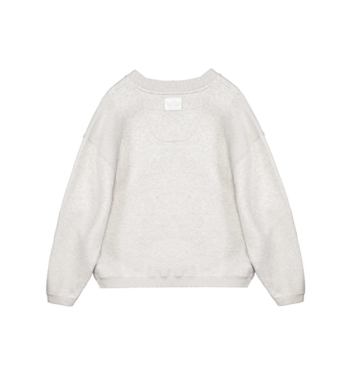 A light gray heather crewneck sweatshirt shown from the back, laid flat against a solid white background.
