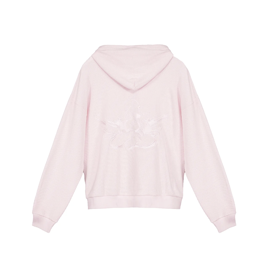 Pale Pink hoodie with angel logo on back on white background
