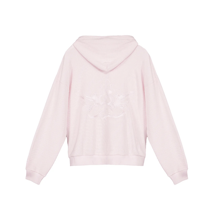 Pale Pink hoodie with angel logo on back on white background