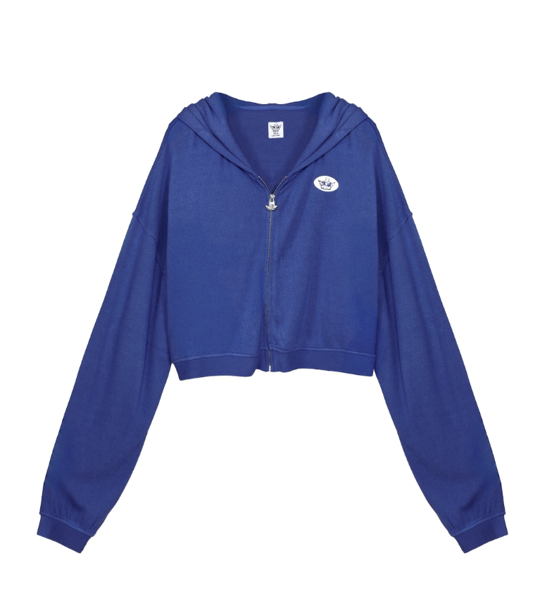 Blue zip up sweatshirt with boys lie logo on front on plain background