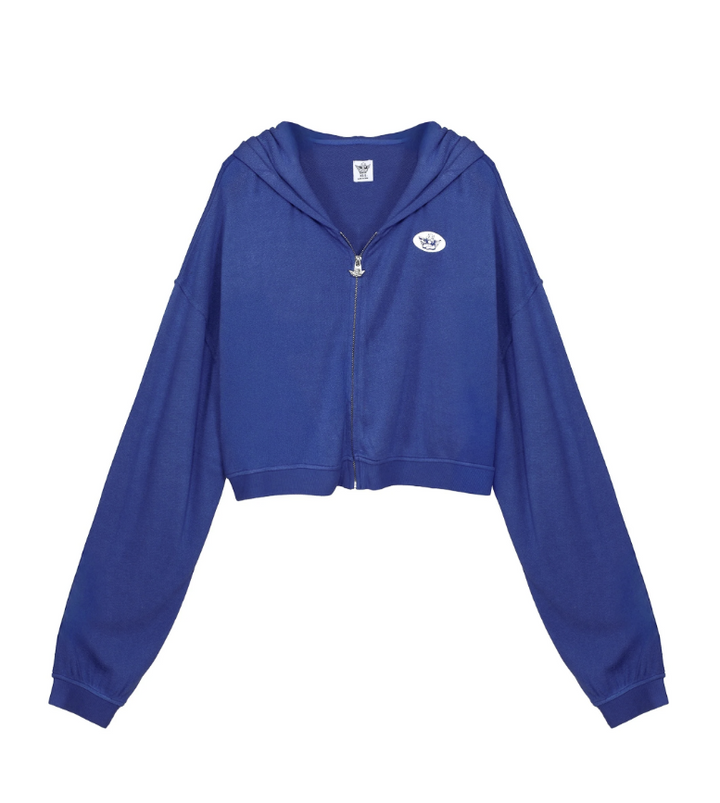 Blue zip up sweatshirt with boys lie logo on front on plain background
