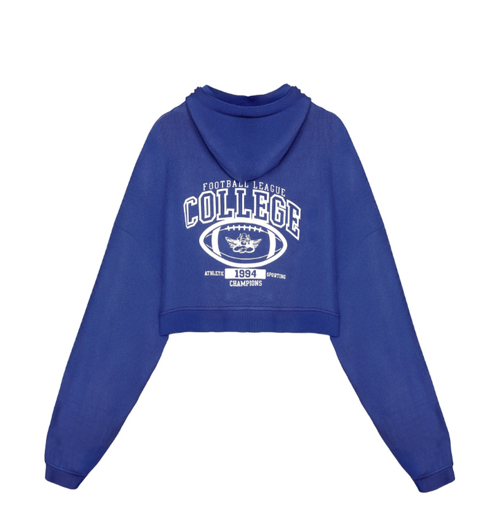 A royal blue cropped hoodie sweatshirt shown from the back, featuring a white graphic print that reads &