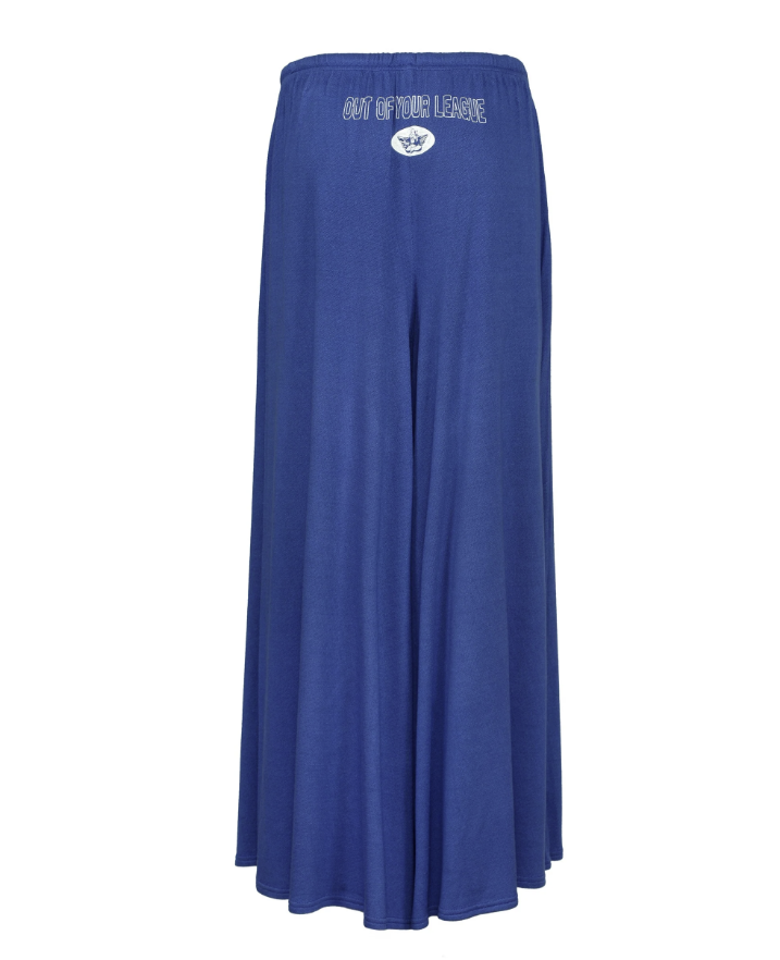 A royal blue wide-leg sweatpants with an elastic waistband, featuring white embroidered text reading 'OUT OF YOUR LEAGUE' and a circular logo on the back shown against a plain white background.