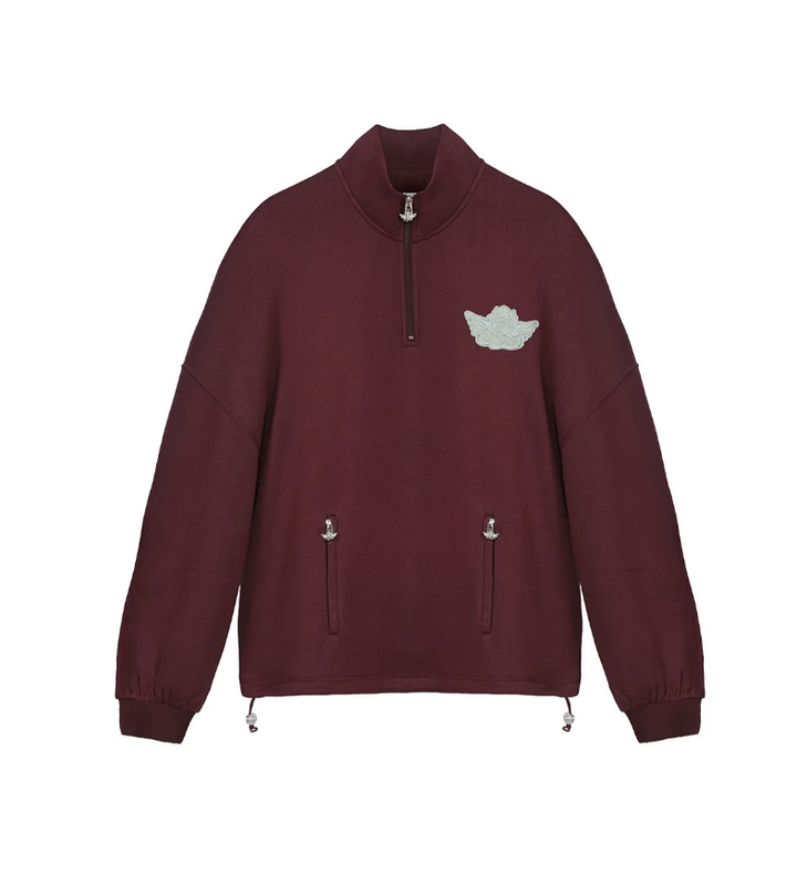 Burgundy sweatshirt with cherub design on white background