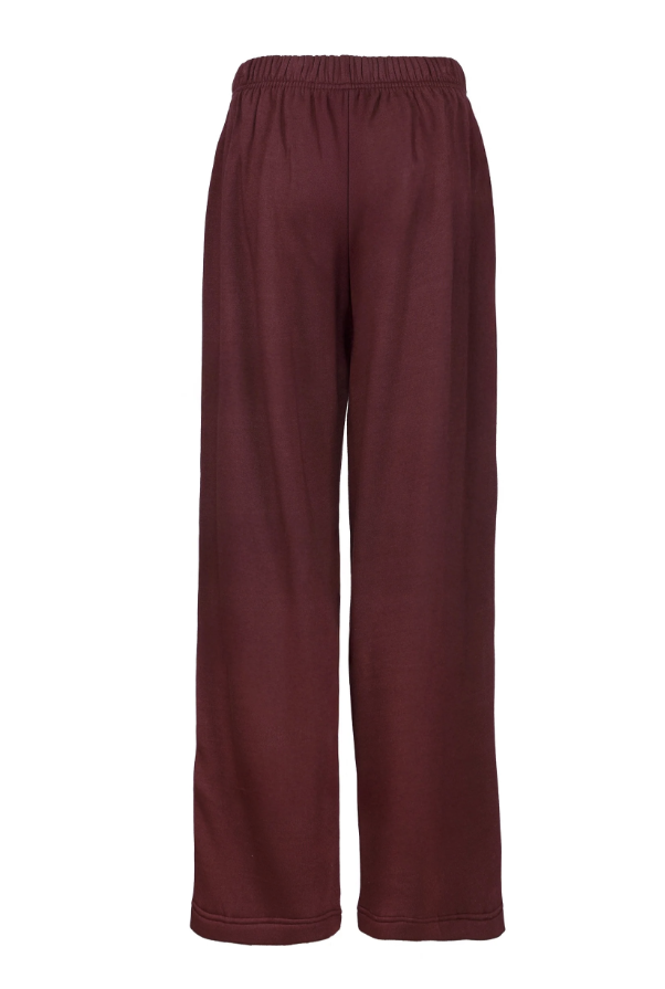 A pair of wide-leg sweatpants in a deep burgundy color, shown from the back against a plain white background.