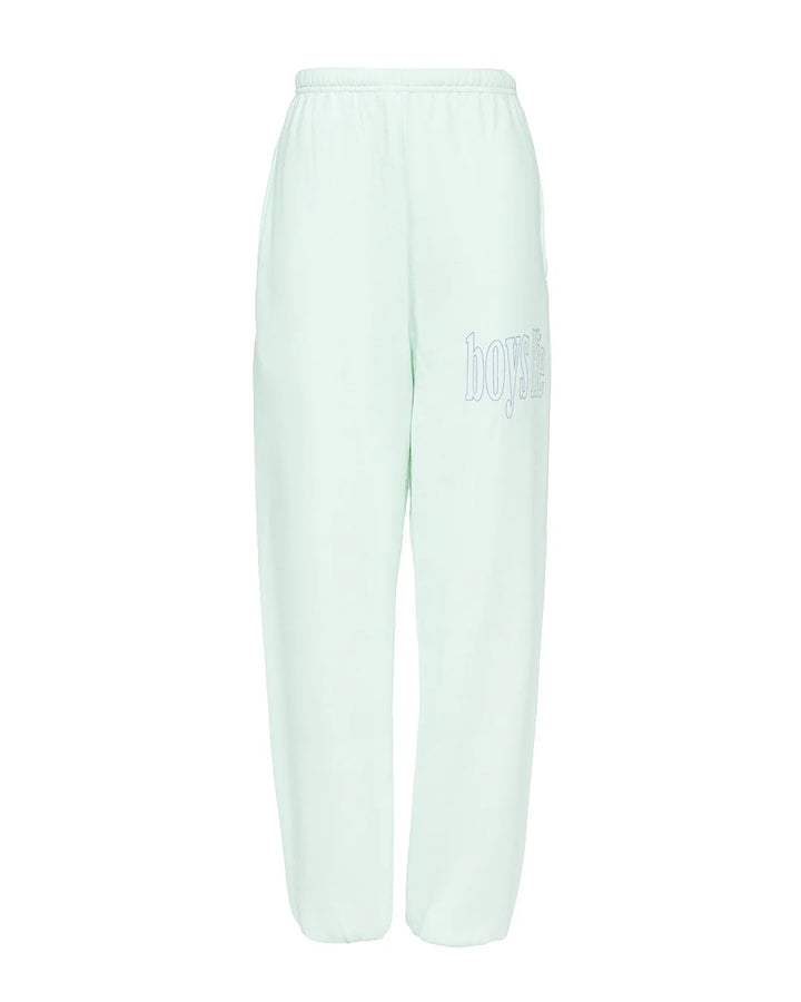Light green sweatpants with a brand logo on a white background