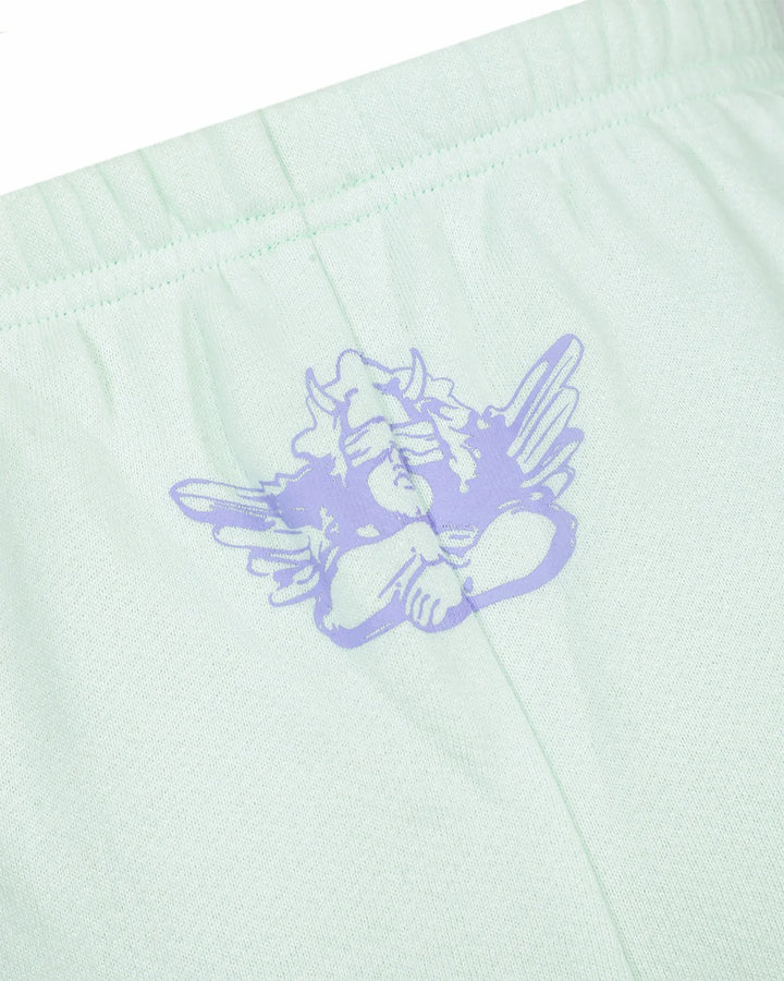 Light Green sweatpants with purple cherub design on white background