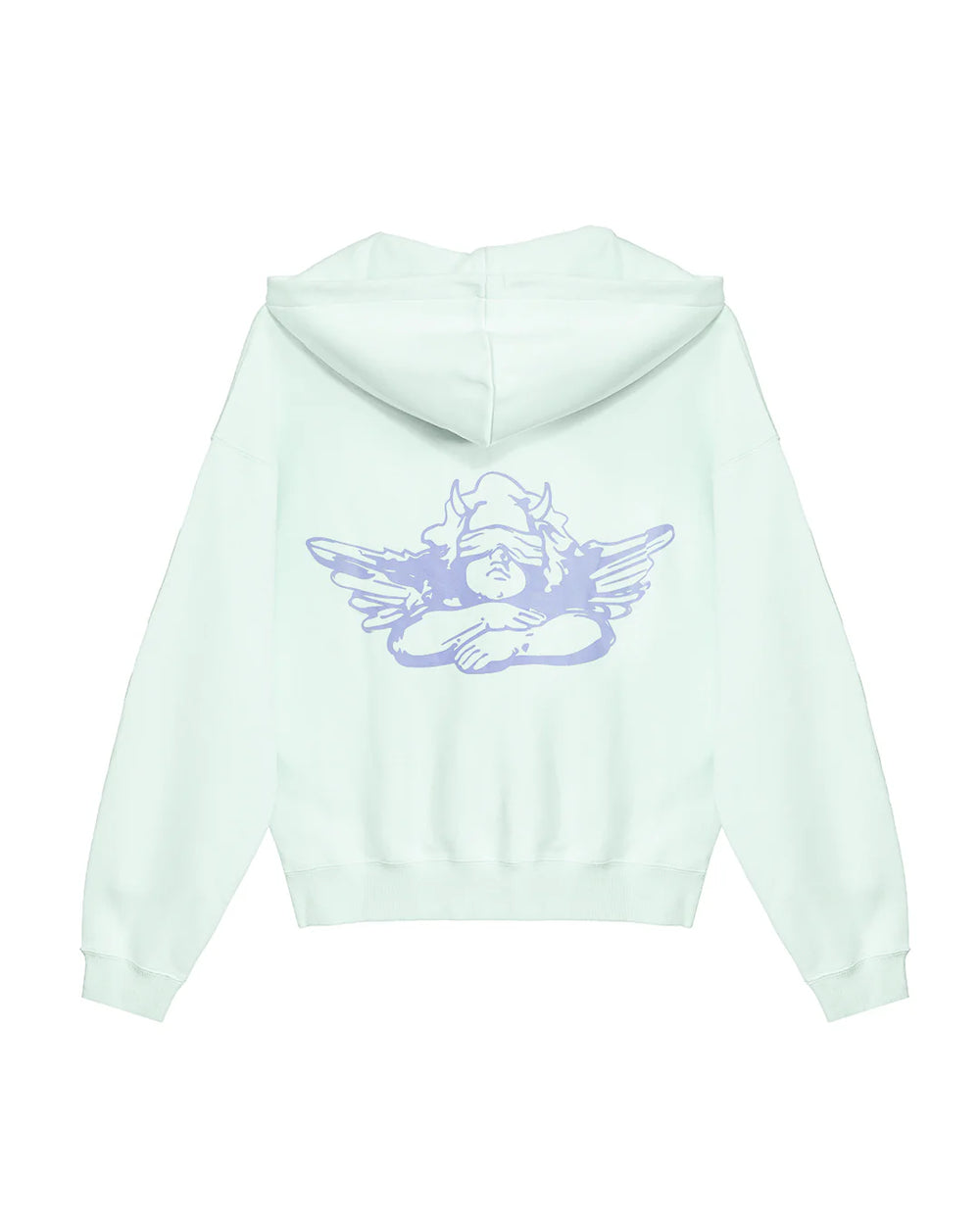 Light blue hoodie with a purple angel graphic on the back against a white background