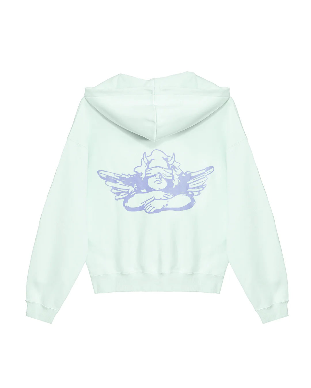 Light blue hoodie with a purple angel graphic on the back against a white background