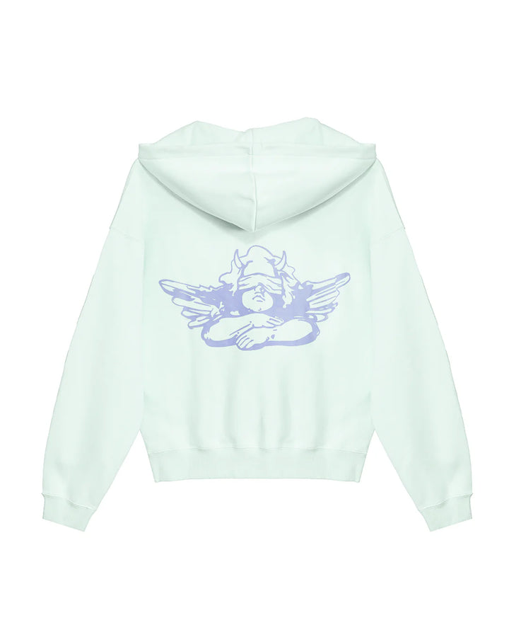 Light blue hoodie with a purple angel graphic on the back against a white background