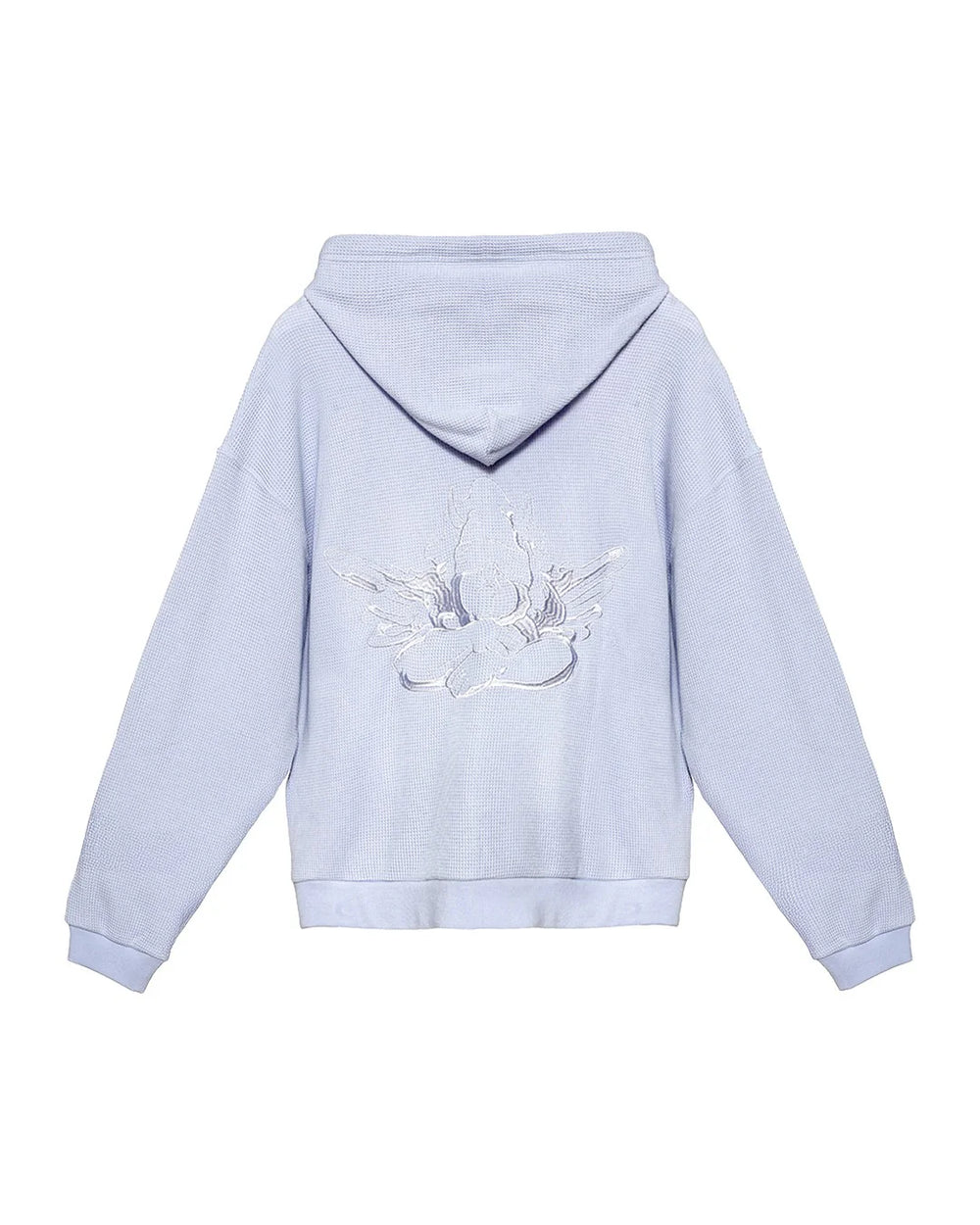 Light lilac hoodie with a white graphic on the back against a white background