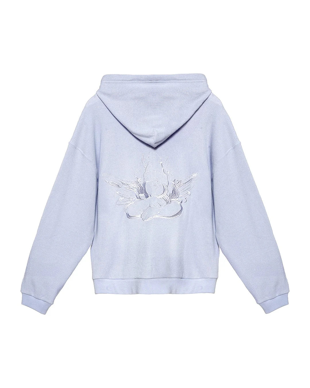Light lilac hoodie with a white graphic on the back against a white background