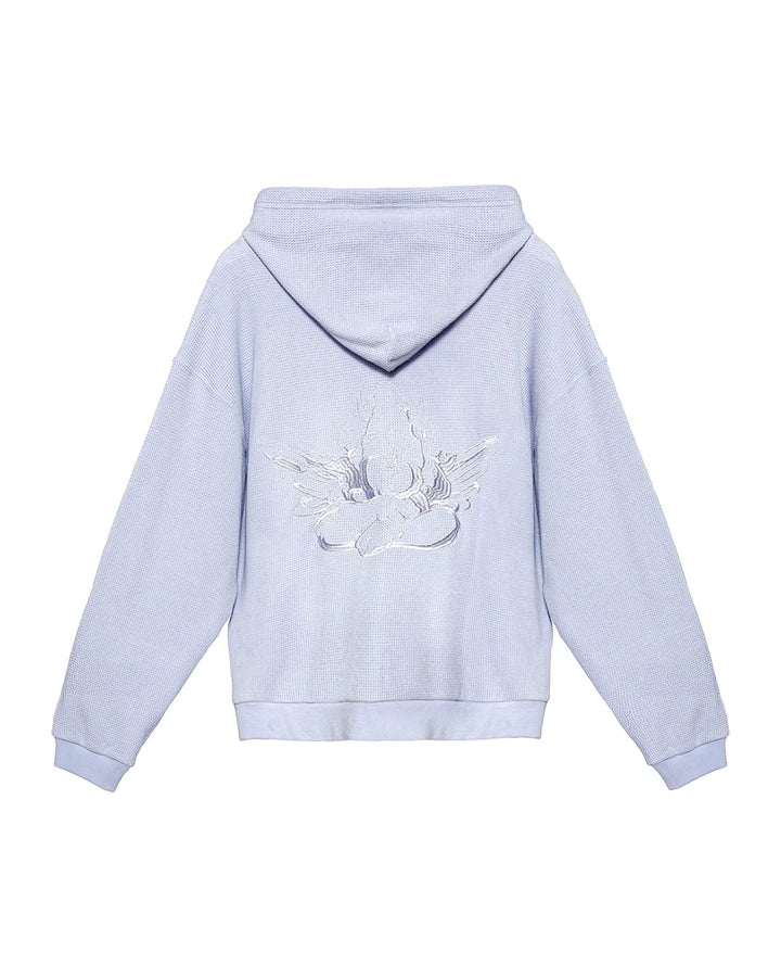 Light lilac hoodie with a white graphic on the back against a white background