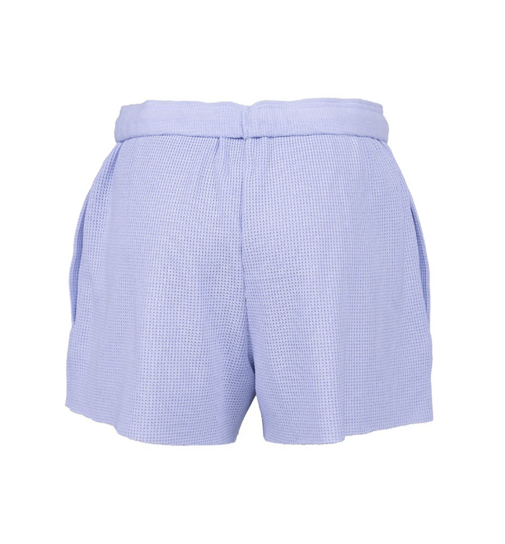Light blue and white micro-check patterned shorts with a pleated waistband, shown from the back on a white background.