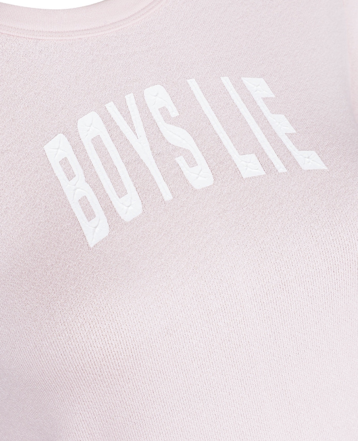 Close-up of a light pink crewneck sweatshirt featuring the words &
