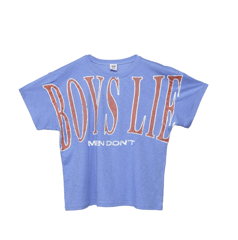 A light blue heather short-sleeve t-shirt with a graphic print reading &