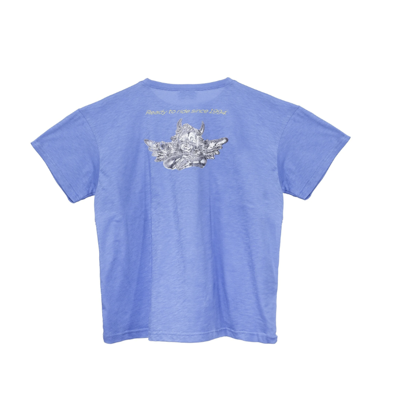 A heather blue short-sleeve t-shirt shown from the back, featuring a silver graphic of a winged deity and the text 'Mighty God of War' printed above it.