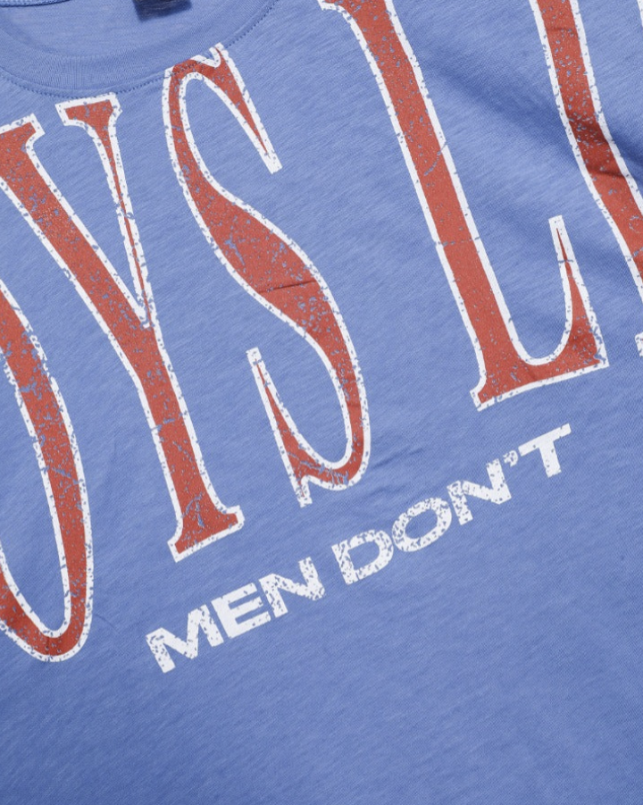 Close-up of a heathered blue graphic t-shirt featuring distressed red and white text that reads &