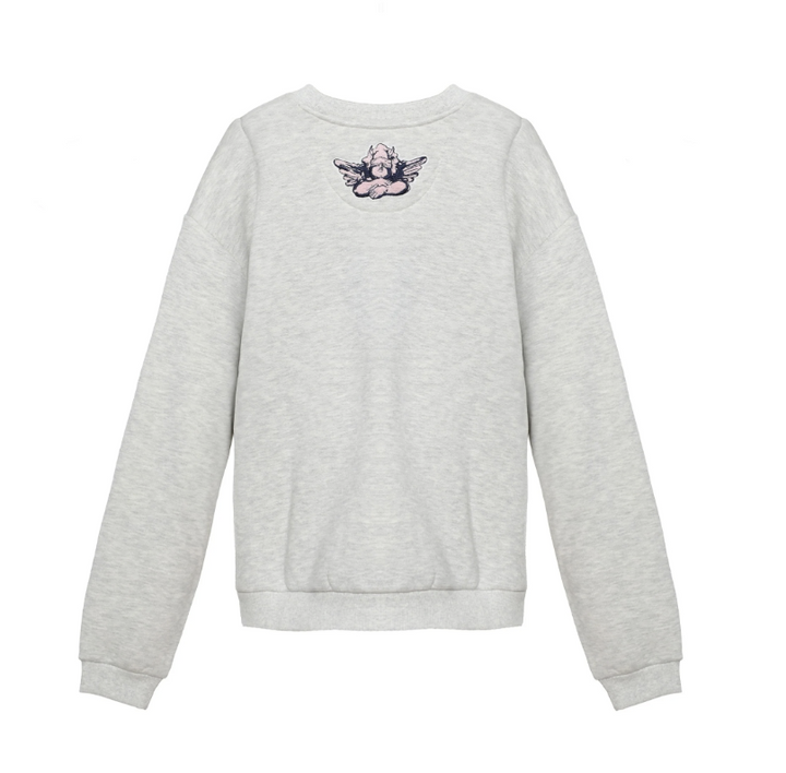 grey crewneck with angel applique on white background