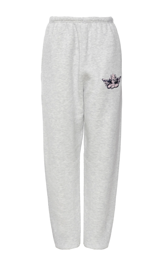 grey sweatpants with angel applique on white background