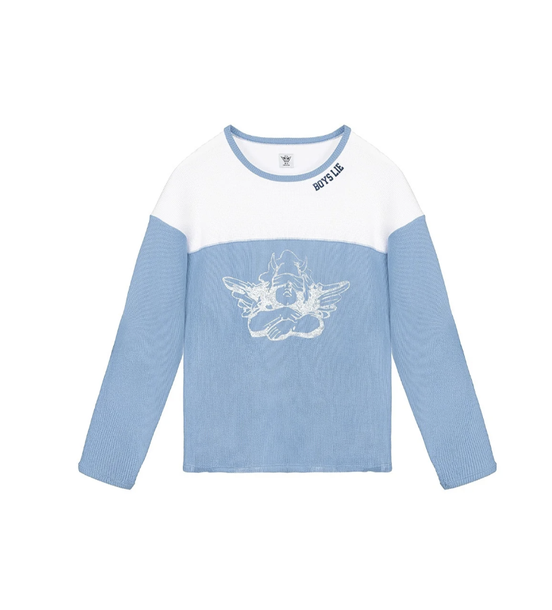 A long-sleeve colorblock knit top with a white upper chest and shoulders, light blue lower body and sleeves, a white embroidered winged figure on the front, and &