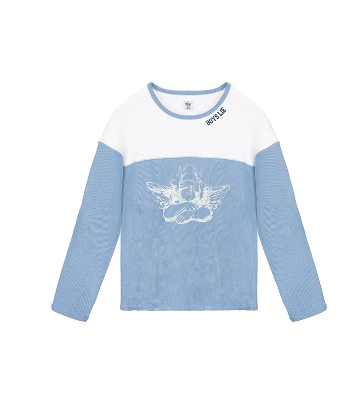 A long-sleeve colorblock knit top with a white upper chest and shoulders, light blue lower body and sleeves, a white embroidered winged figure on the front, and &