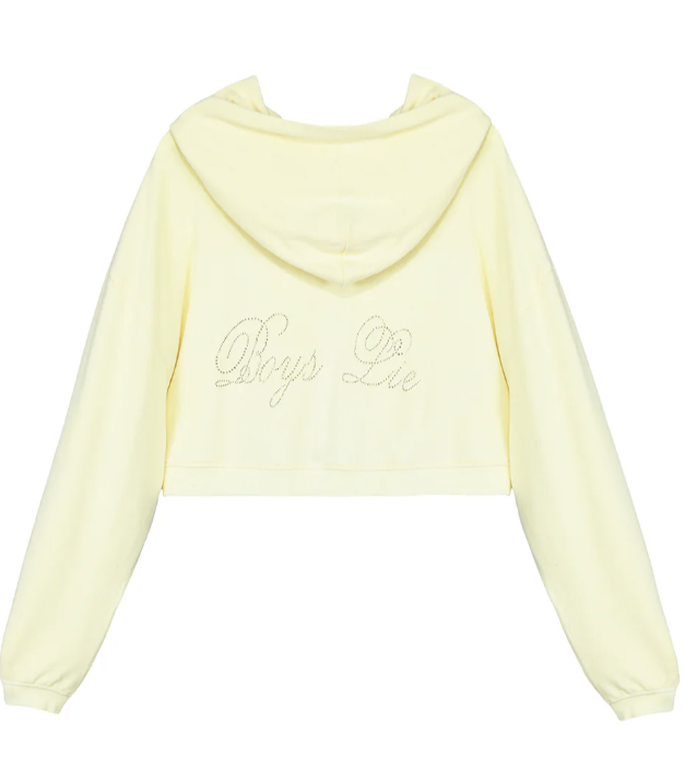 Light yellow hoodie with 'Boys Lie' text on the back against a white background