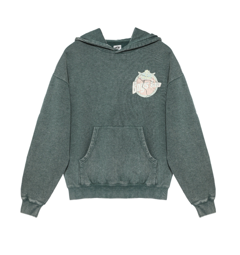 Green hoodie with a graphic design on the chest against a white background