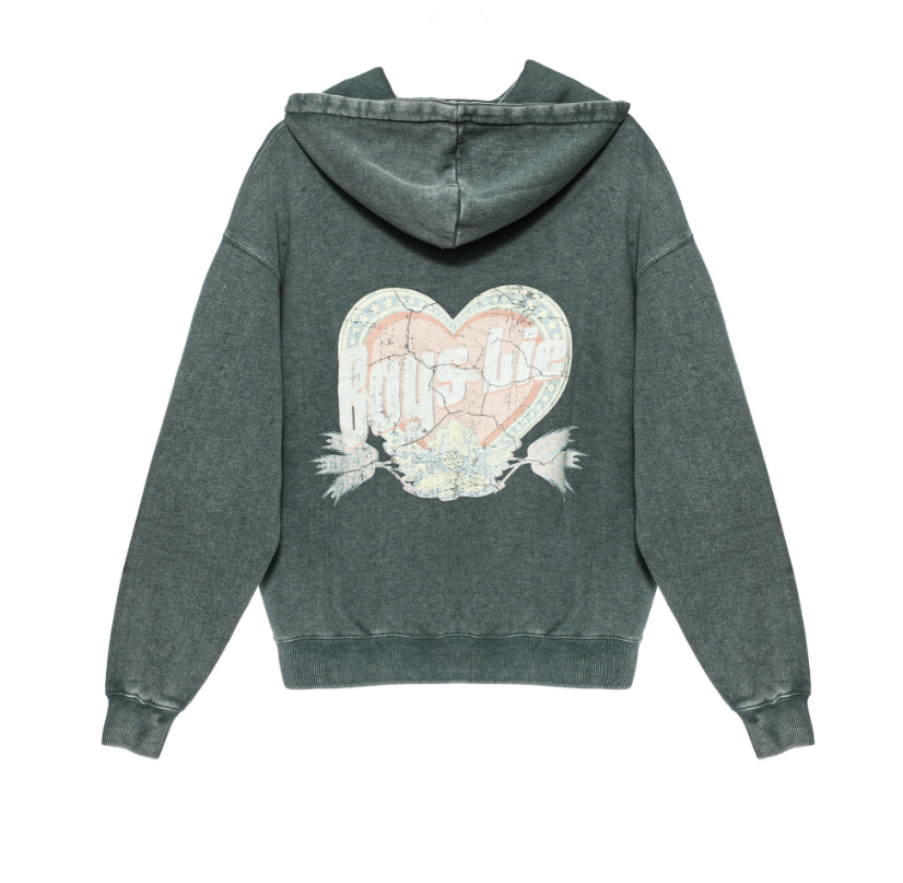 Gray hoodie with a heart and arrow design on the back against a white background