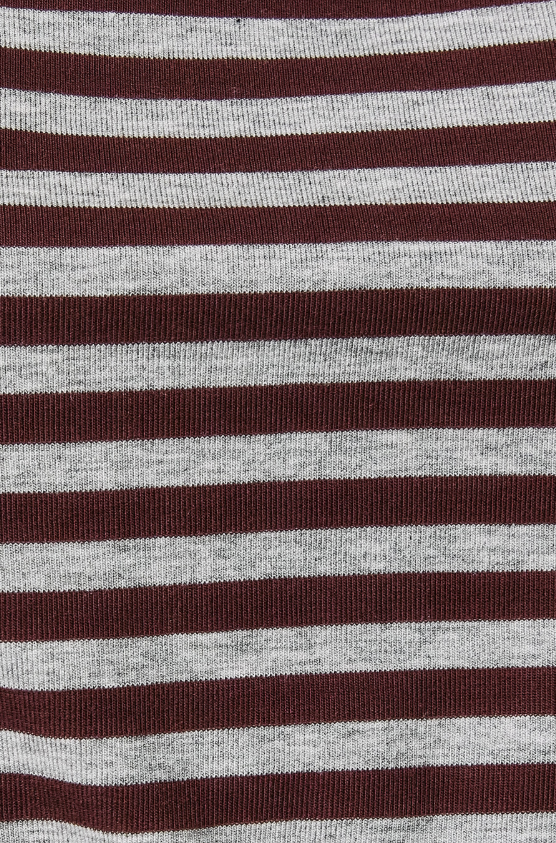 A close-up of a horizontally striped knit fabric with alternating dark burgundy and light heather gray stripes.