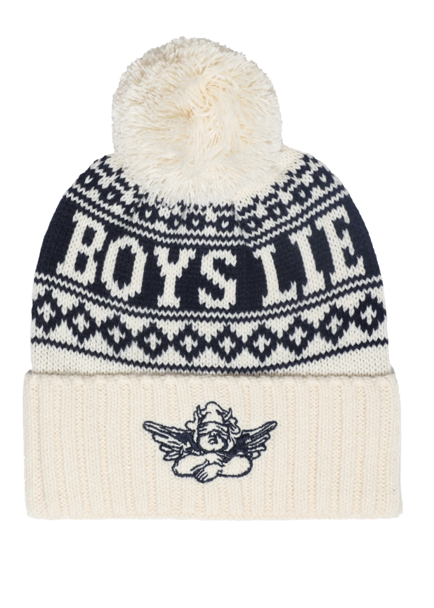 White pom beanie with blue details and &
