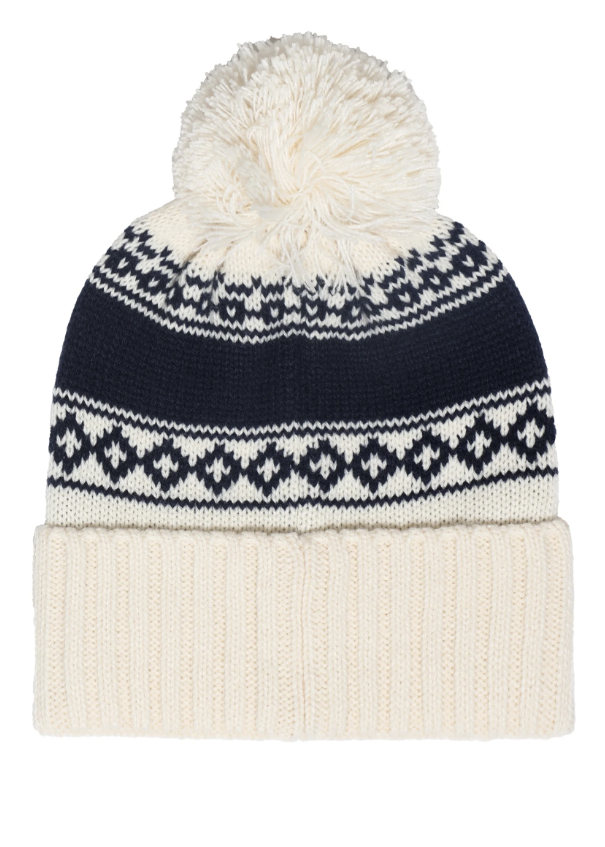 White pom beanie with blue details on white background