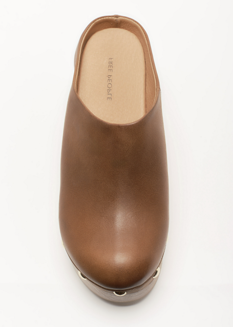 A single brown leather clog shoe shown from a top-down view on a clean white background. The brand name &