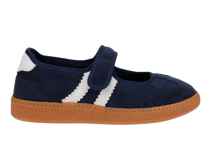Single navy mary jane sneaker on white background