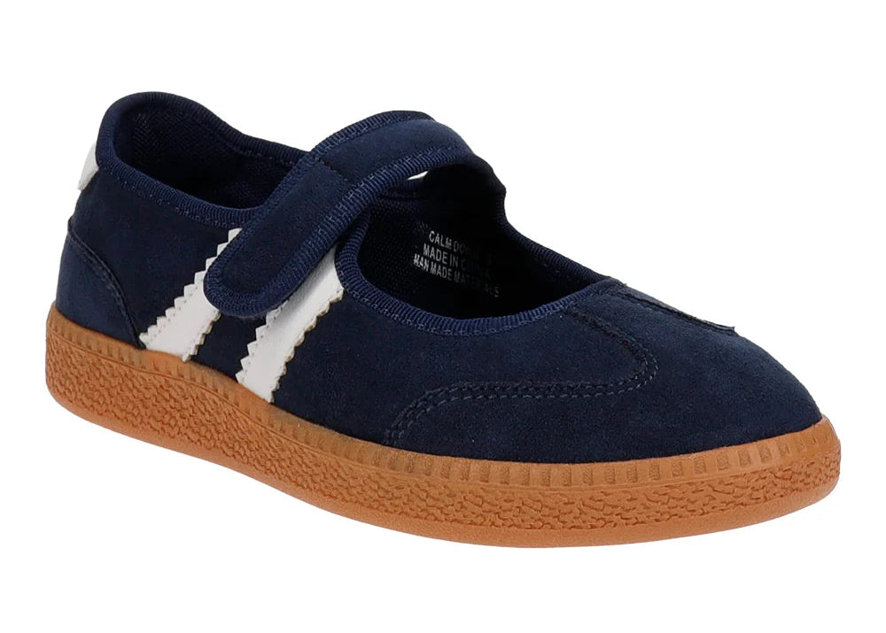Single navy mary jane sneaker with velcro strap on white background