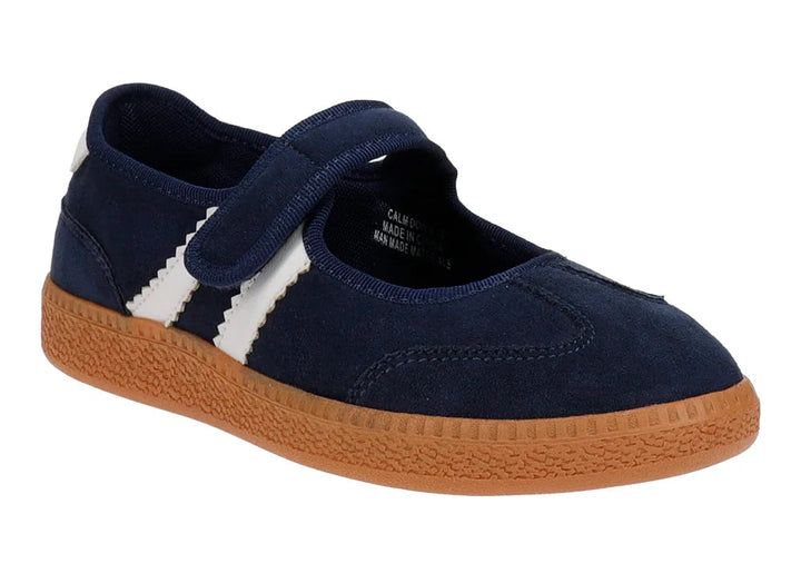 Single navy mary jane sneaker with velcro strap on white background