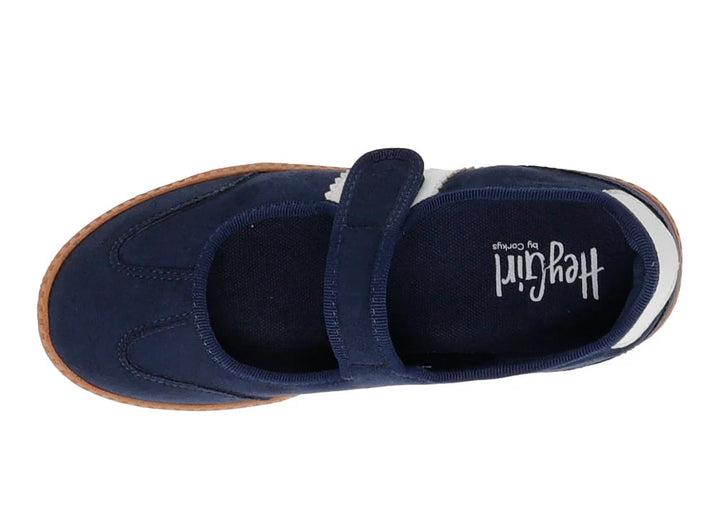 Single navy mary jane sneaker with velcro strap on white background