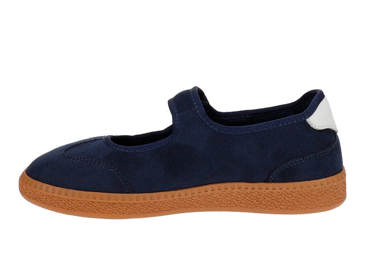 Single navy mary jane sneaker on white background